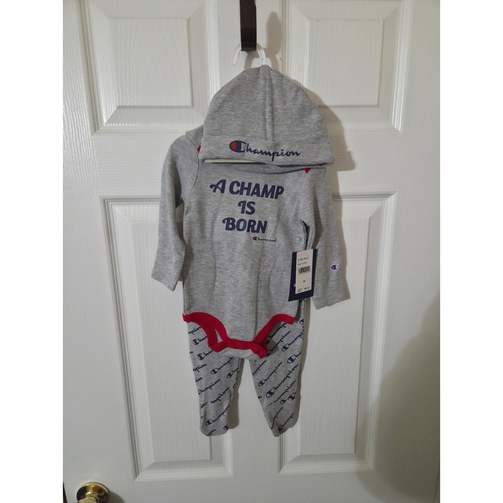 Champion Baby 3-Piece Set Bodysuit Footed Pants Hat Gray Heather C116LY6072 9M